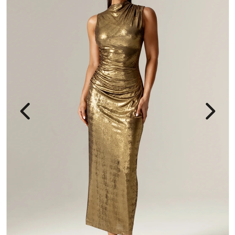 Alieva (Aliava) Doreena Metalic Ruched Maxi Dress Gold XS NWT Lined